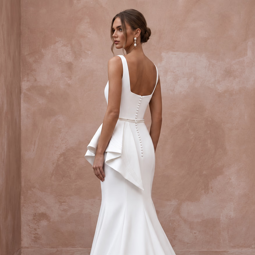 Sculptural White Matte Satin Peplum Bodice Trumpet Gown