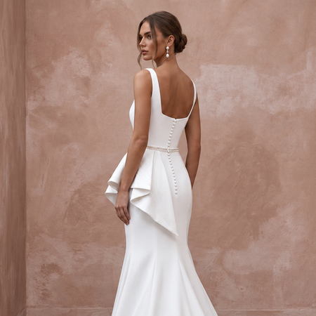 Sculptural White Matte Satin Peplum Bodice Trumpet Gown