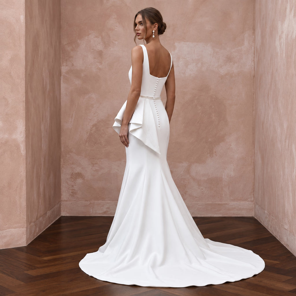 Sculptural White Matte Satin Peplum Bodice Trumpet Gown