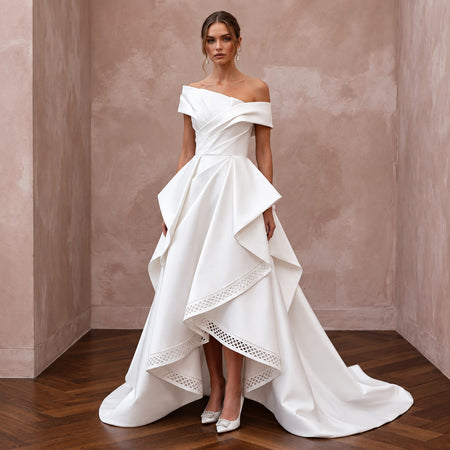 Sculptural White Mikado Silk High-Low Hem Architectural Dress