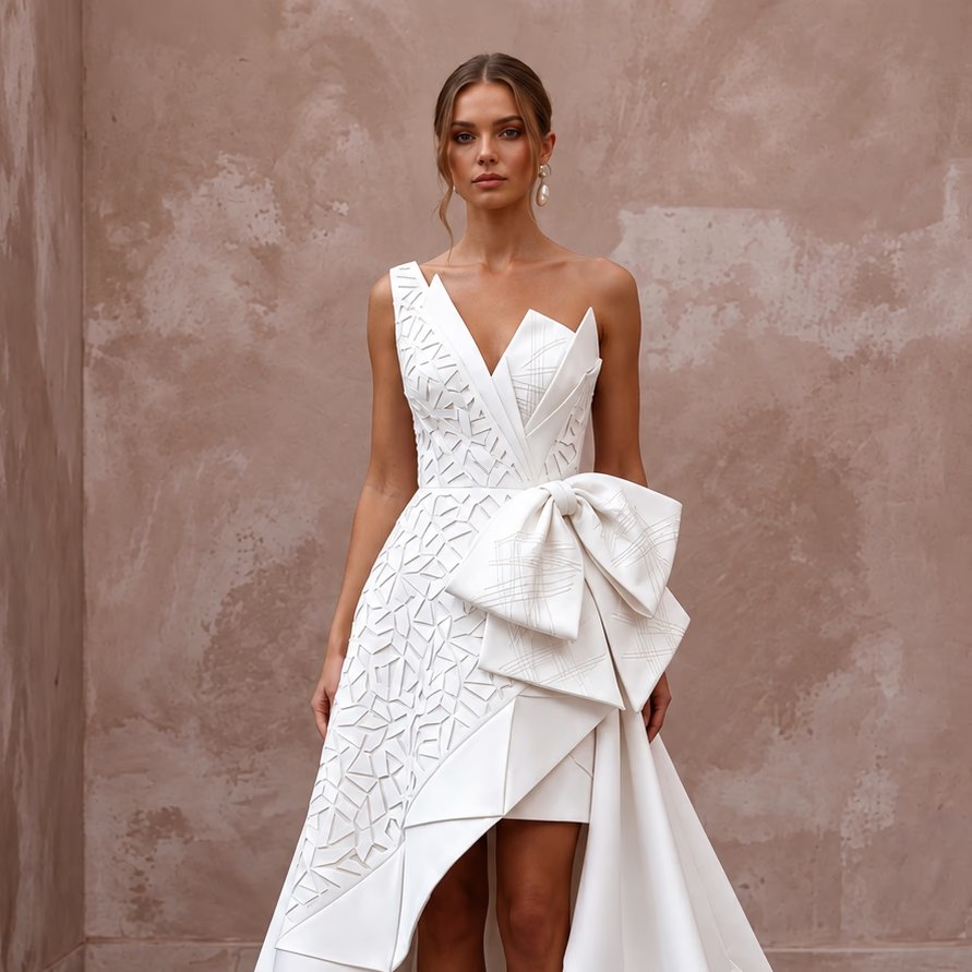 Sculptural White Mikado Silk High-Low Hem Architectural Dress