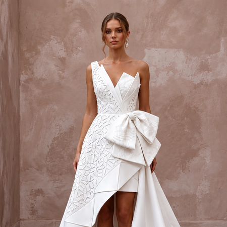 Sculptural White Mikado Silk High-Low Hem Architectural Dress