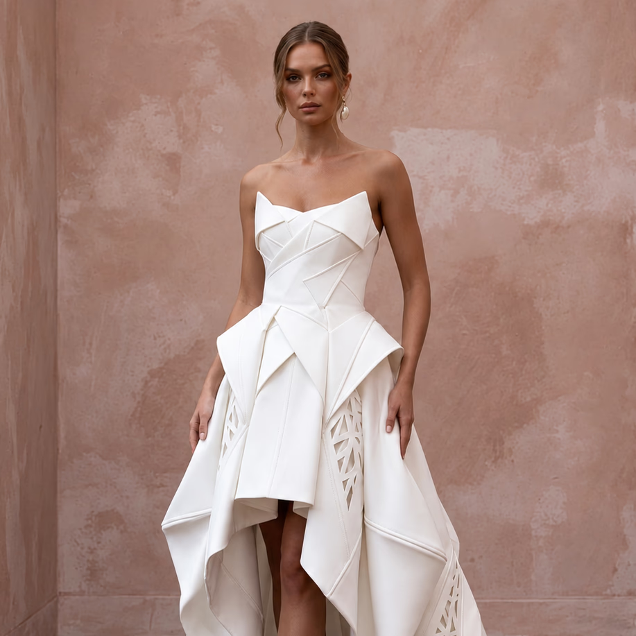 Sculptural white mikado silk architectural dress with high-low hem and intricate detailing. Perfect for formal occasions.