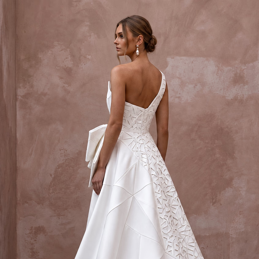 Sculptural White Mikado Silk High-Low Hem Architectural Dress