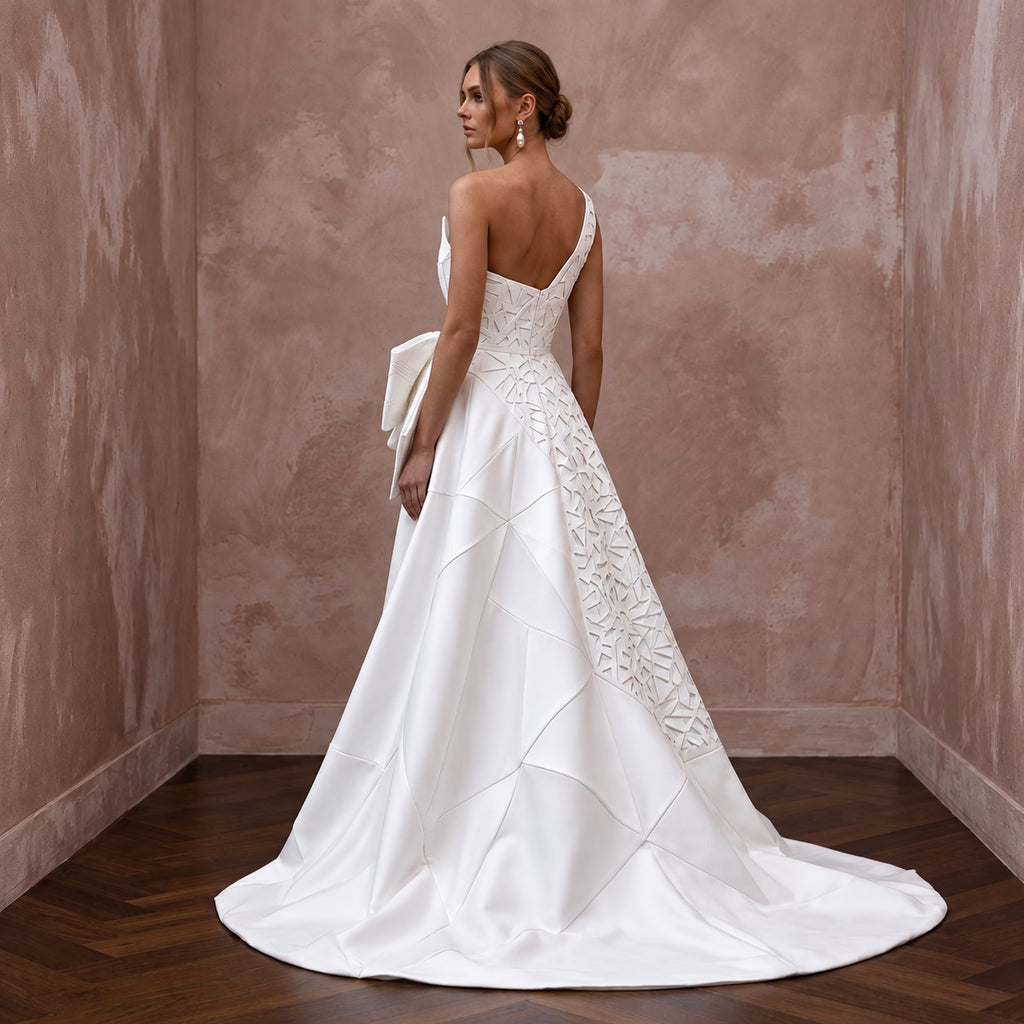 Sculptural White Mikado Silk High-Low Hem Architectural Dress