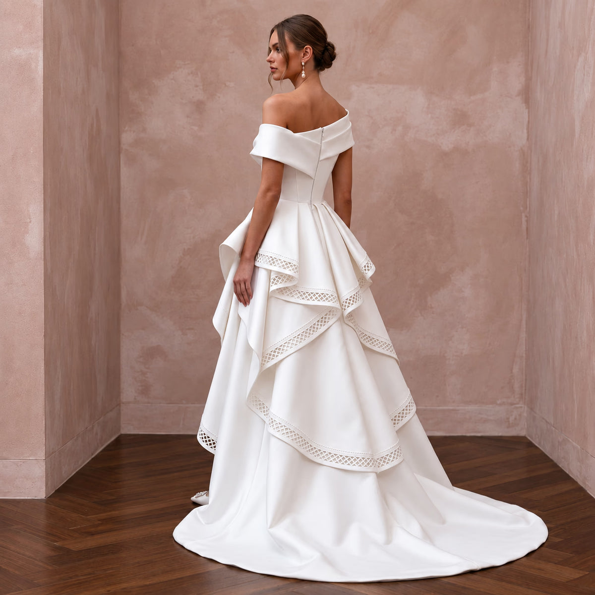 Sculptural White Mikado Silk High-Low Hem Architectural Dress