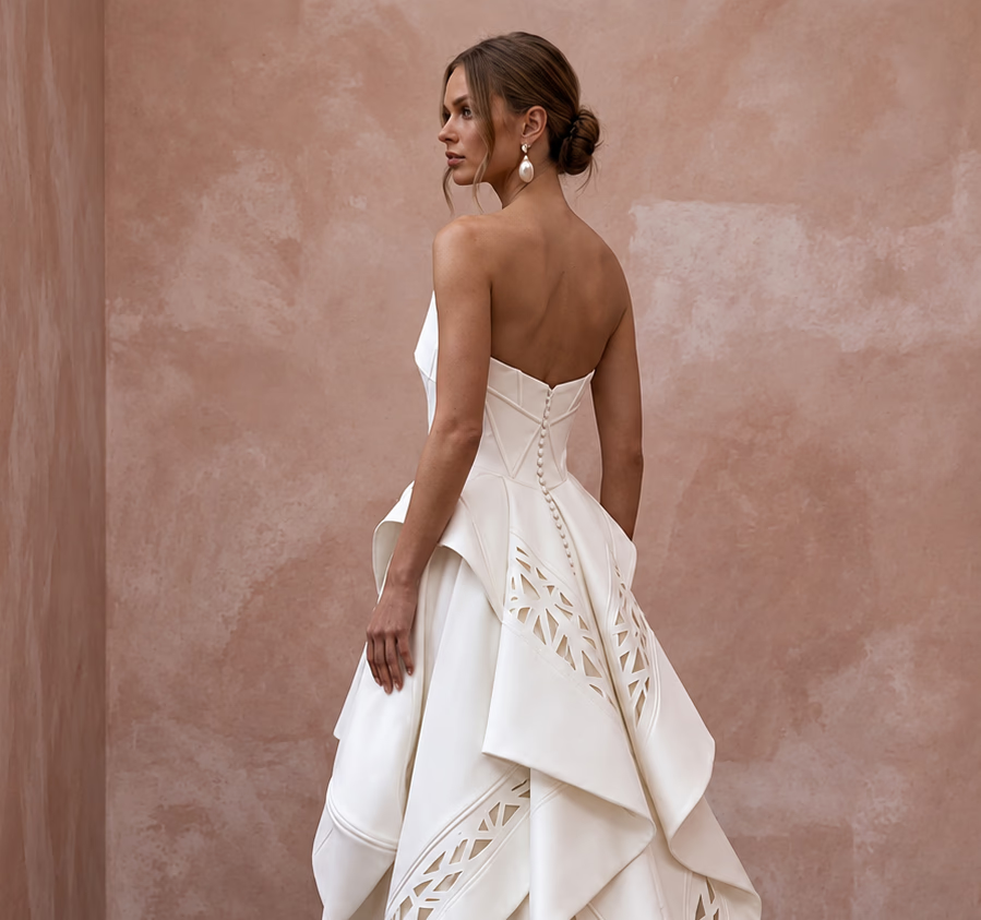 Sculptural white Mikado silk dress with high-low hem and architectural design details, perfect for elegant occasions.