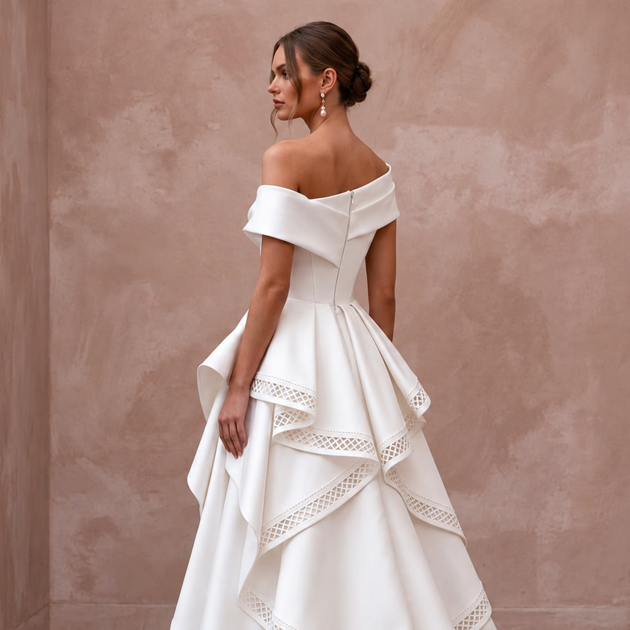 Sculptural White Mikado Silk High-Low Hem Architectural Dress