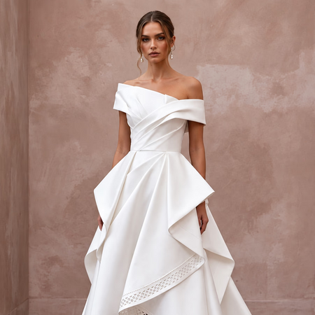 Sculptural White Mikado Silk High-Low Hem Architectural Dress