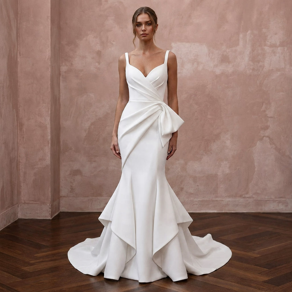 Sculptural White Scuba Crepe Mermaid Wedding Gown for Rehearsal Cocktails - Apparel & Accessories > Clothing > Wedding & Bridal Party Dresses > Wedding Dresses - Mignonette Bridal