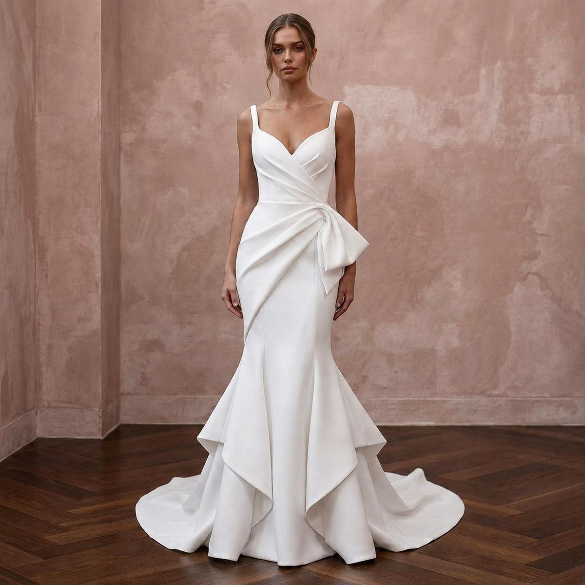 Sculptural White Scuba Crepe Mermaid Wedding Gown for Rehearsal Cocktails - Apparel & Accessories > Clothing > Wedding & Bridal Party Dresses > Wedding Dresses - Mignonette Bridal