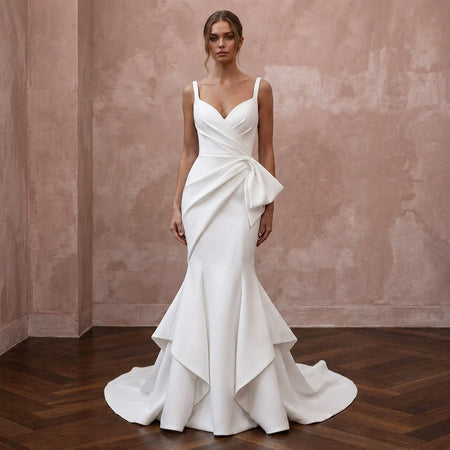 Sculptural White Scuba Crepe Mermaid Wedding Gown for Rehearsal Cocktails - Apparel & Accessories > Clothing > Wedding & Bridal Party Dresses > Wedding Dresses - Mignonette Bridal