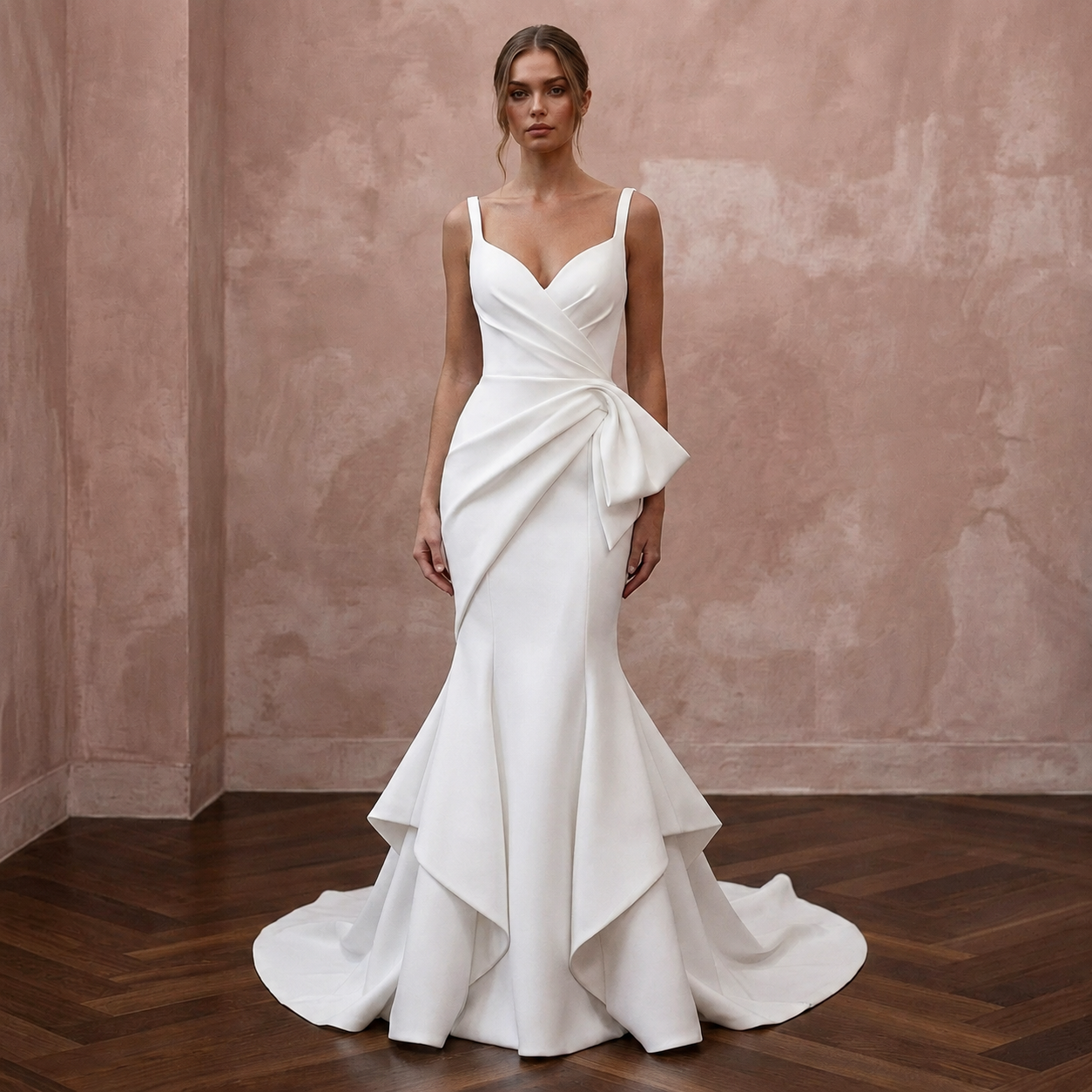 Sculptural White Scuba Crepe Mermaid Wedding Gown for Rehearsal Cocktails Main image
