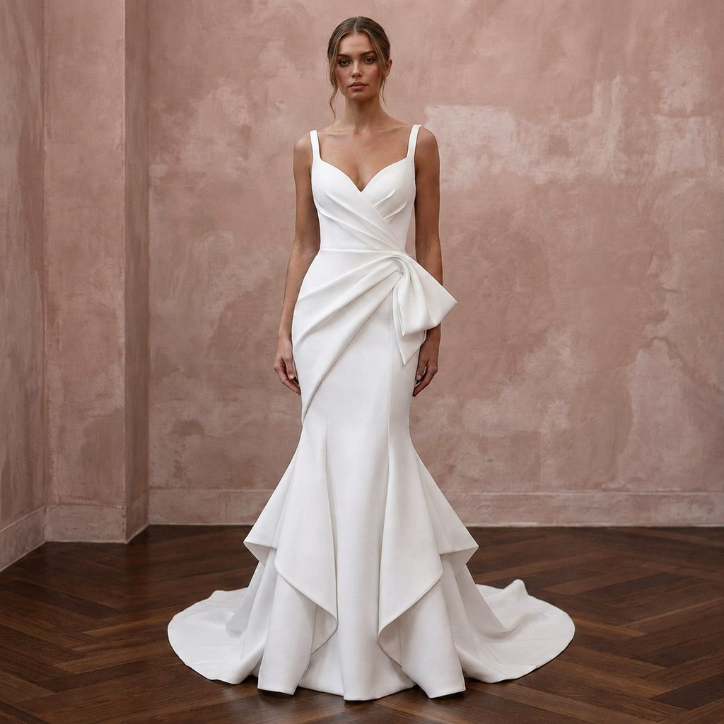 Sculptural White Scuba Crepe Mermaid Wedding Gown for Rehearsal Cocktails