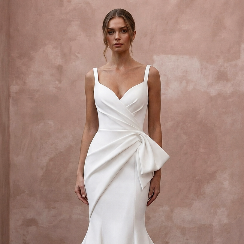 Sculptural White Scuba Crepe Mermaid Wedding Gown for Rehearsal Cocktails