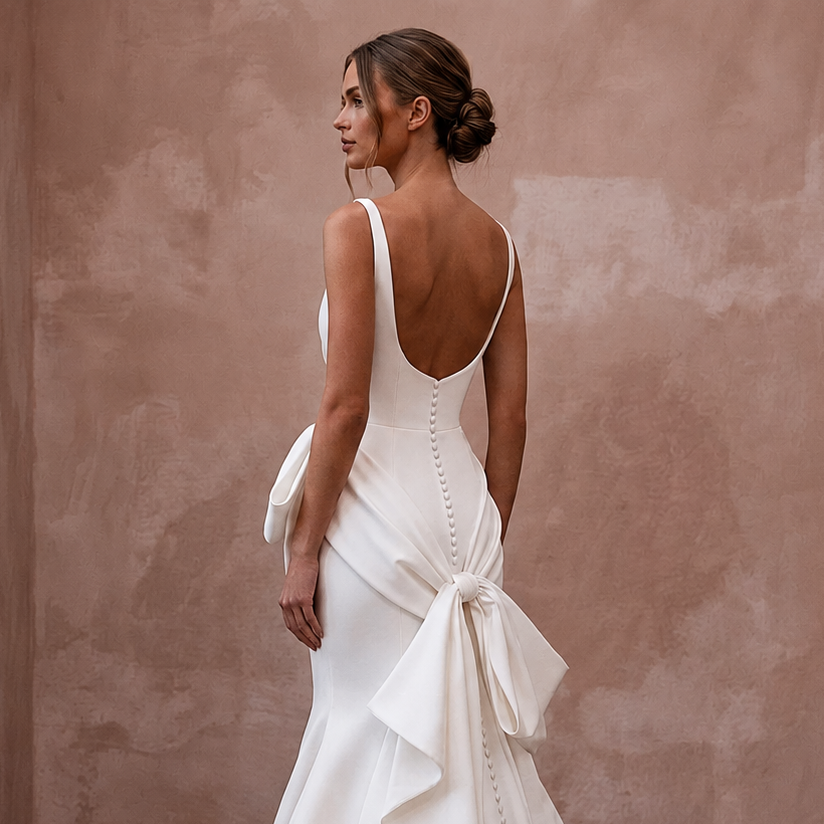 Sculptural White Scuba Crepe Mermaid Wedding Gown for Rehearsal Cocktails
