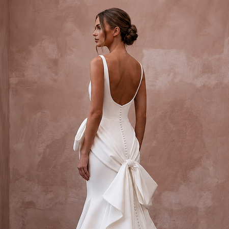 Sculptural White Scuba Crepe Mermaid Wedding Gown for Rehearsal Cocktails
