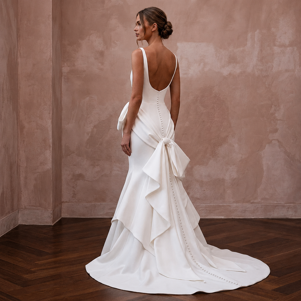 Sculptural White Scuba Crepe Mermaid Wedding Gown for Rehearsal Cocktails