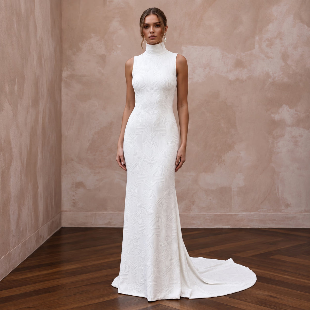 Seamless White Stretch Modal Turtleneck Bridal Gown for Minimalist Elopement