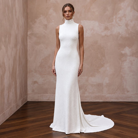 Seamless White Stretch Modal Turtleneck Bridal Gown for Minimalist Elopement