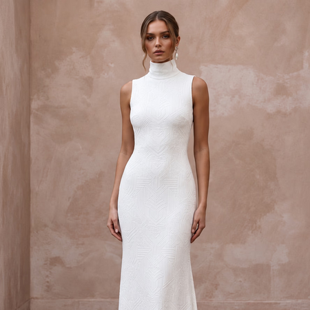 Seamless White Stretch Modal Turtleneck Bridal Gown for Minimalist Elopement