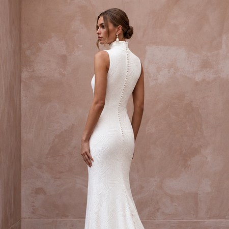 Seamless White Stretch Modal Turtleneck Bridal Gown for Minimalist Elopement