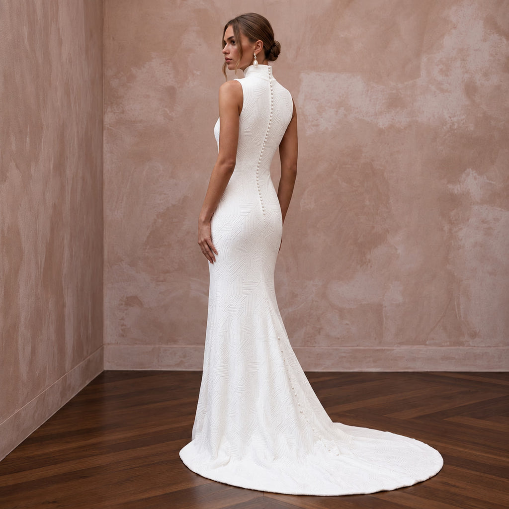 Seamless White Stretch Modal Turtleneck Bridal Gown for Minimalist Elopement