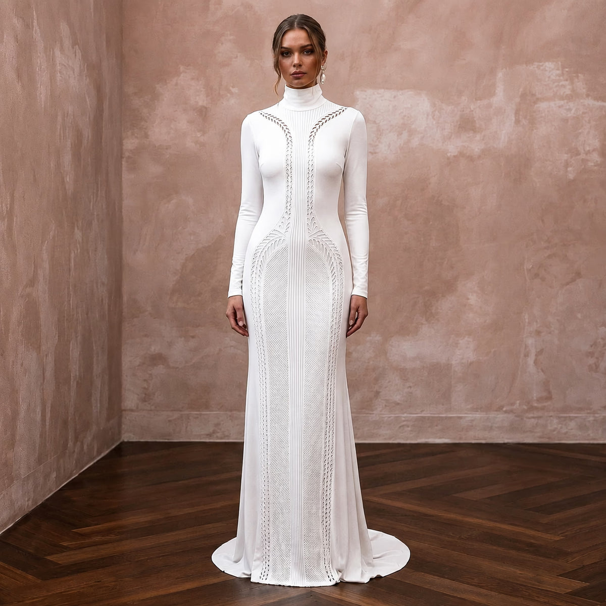 Seamless White Stretch Modal Turtleneck Gown for Minimalist Elopement - Apparel & Accessories > Clothing > Wedding & Bridal Party Dresses > Wedding Dresses - Mignonette Bridal Main image