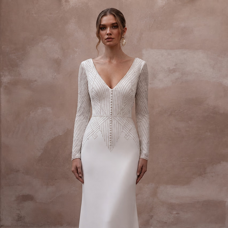 Second Wedding Crepe Sheath Wedding Dress with V - Neck - Apparel & Accessories > Clothing > Wedding & Bridal Party Dresses > Wedding Dresses - Mignonette Bridal
