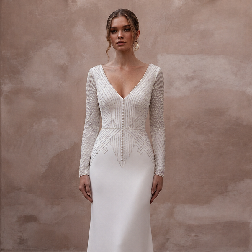 Second Wedding Crepe Sheath Wedding Dress with V - Neck - Apparel & Accessories > Clothing > Wedding & Bridal Party Dresses > Wedding Dresses - Mignonette Bridal