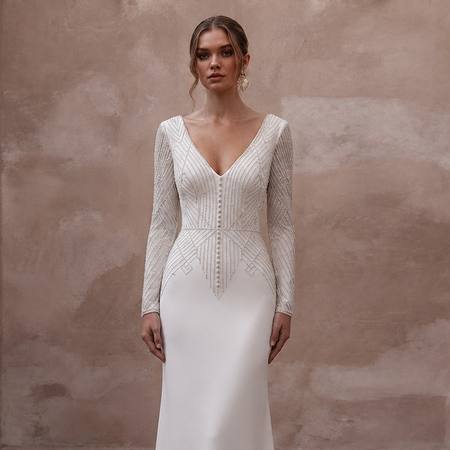 Second Wedding Crepe Sheath Wedding Dress with V - Neck - Apparel & Accessories > Clothing > Wedding & Bridal Party Dresses > Wedding Dresses - Mignonette Bridal