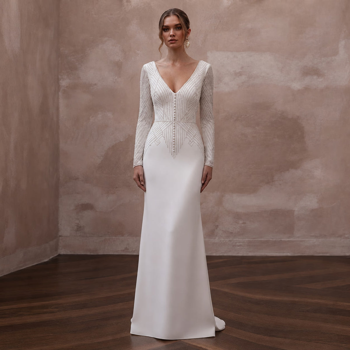 Second Wedding Crepe Sheath Wedding Dress with V - Neck - Apparel & Accessories > Clothing > Wedding & Bridal Party Dresses > Wedding Dresses - Mignonette Bridal Main image