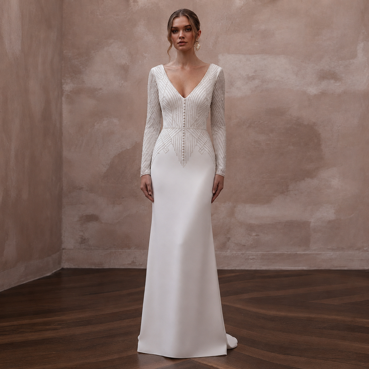Second Wedding Crepe Sheath Wedding Dress with V - Neck - Apparel & Accessories > Clothing > Wedding & Bridal Party Dresses > Wedding Dresses - Mignonette Bridal
