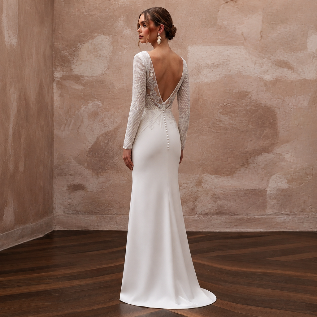 Second Wedding Crepe Sheath Wedding Dress with V - Neck - Apparel & Accessories > Clothing > Wedding & Bridal Party Dresses > Wedding Dresses - Mignonette Bridal