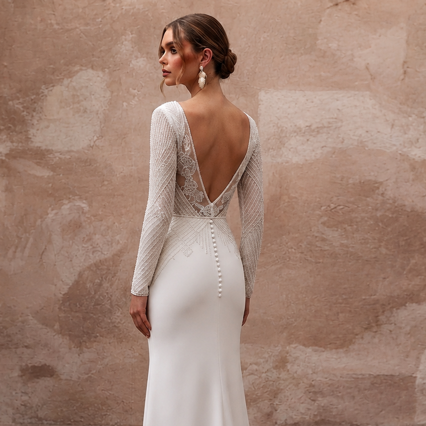 Second Wedding Crepe Sheath Wedding Dress with V - Neck - Apparel & Accessories > Clothing > Wedding & Bridal Party Dresses > Wedding Dresses - Mignonette Bridal