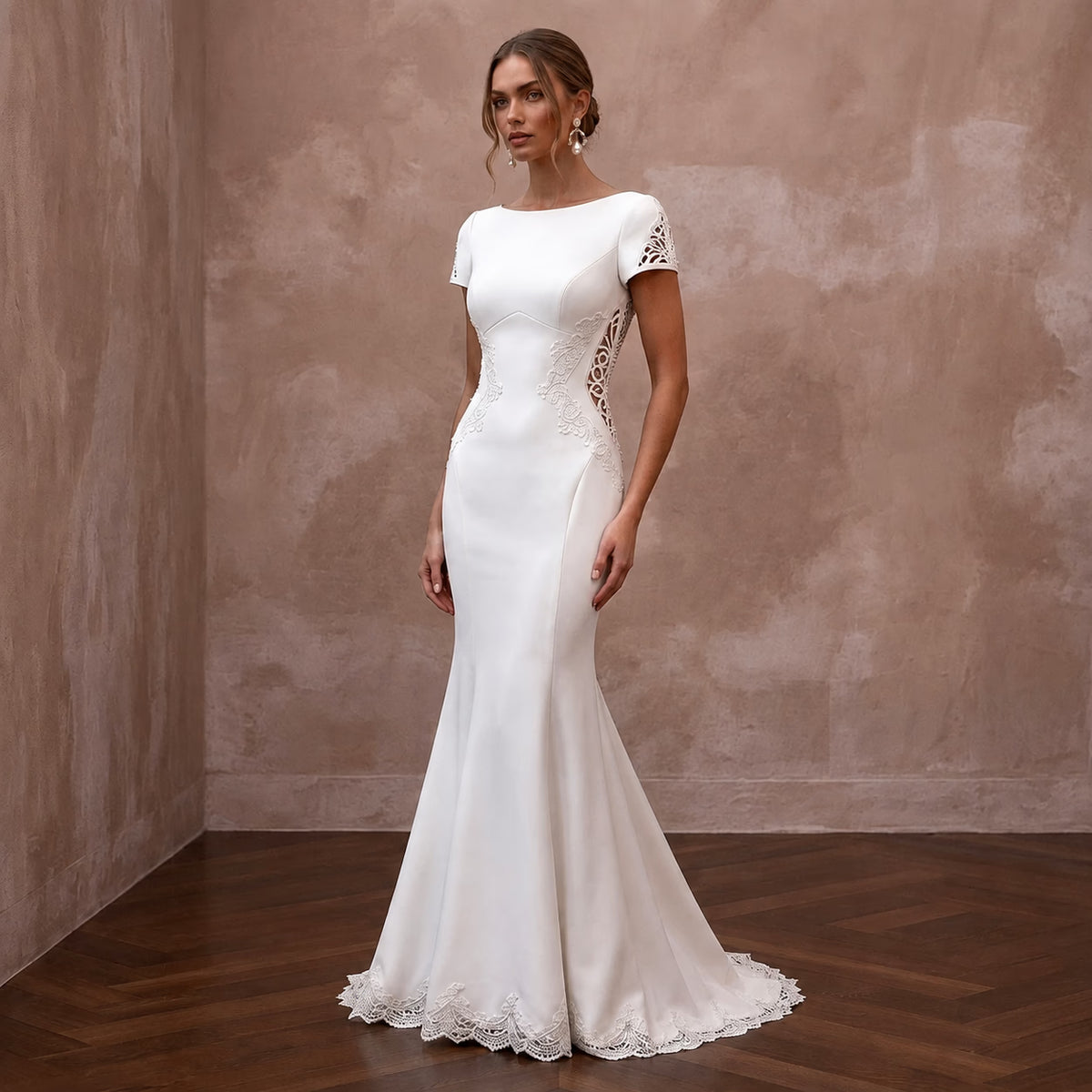 Second Wedding Crepe Trumpet Wedding Dress with Short Sleeves - Apparel & Accessories > Clothing > Wedding & Bridal Party Dresses > Wedding Dresses - Mignonette Bridal Main image