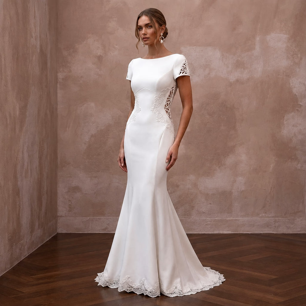 Second Wedding Crepe Trumpet Wedding Dress with Short Sleeves - Apparel & Accessories > Clothing > Wedding & Bridal Party Dresses > Wedding Dresses - Mignonette Bridal
