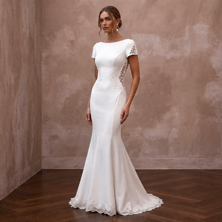 Second Wedding Crepe Trumpet Wedding Dress with Short Sleeves - Apparel & Accessories > Clothing > Wedding & Bridal Party Dresses > Wedding Dresses - Mignonette Bridal