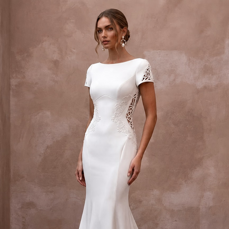 Second Wedding Crepe Trumpet Wedding Dress with Short Sleeves - Apparel & Accessories > Clothing > Wedding & Bridal Party Dresses > Wedding Dresses - Mignonette Bridal
