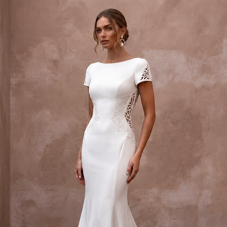 Second Wedding Crepe Trumpet Wedding Dress with Short Sleeves - Apparel & Accessories > Clothing > Wedding & Bridal Party Dresses > Wedding Dresses - Mignonette Bridal
