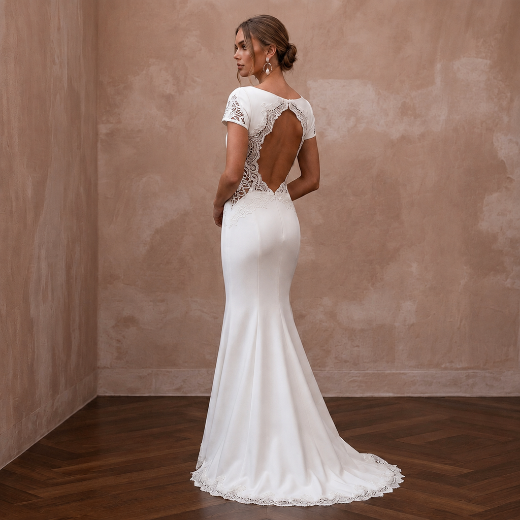 Second Wedding Crepe Trumpet Wedding Dress with Short Sleeves - Apparel & Accessories > Clothing > Wedding & Bridal Party Dresses > Wedding Dresses - Mignonette Bridal