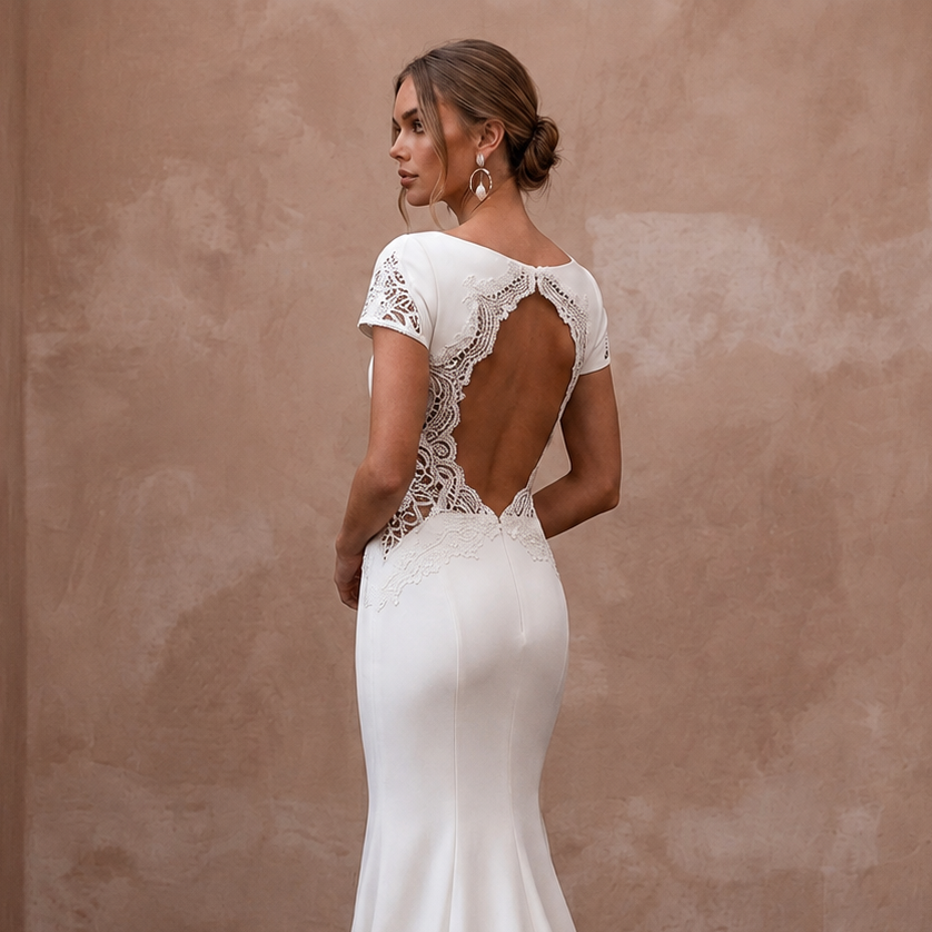 Second Wedding Crepe Trumpet Wedding Dress with Short Sleeves - Apparel & Accessories > Clothing > Wedding & Bridal Party Dresses > Wedding Dresses - Mignonette Bridal