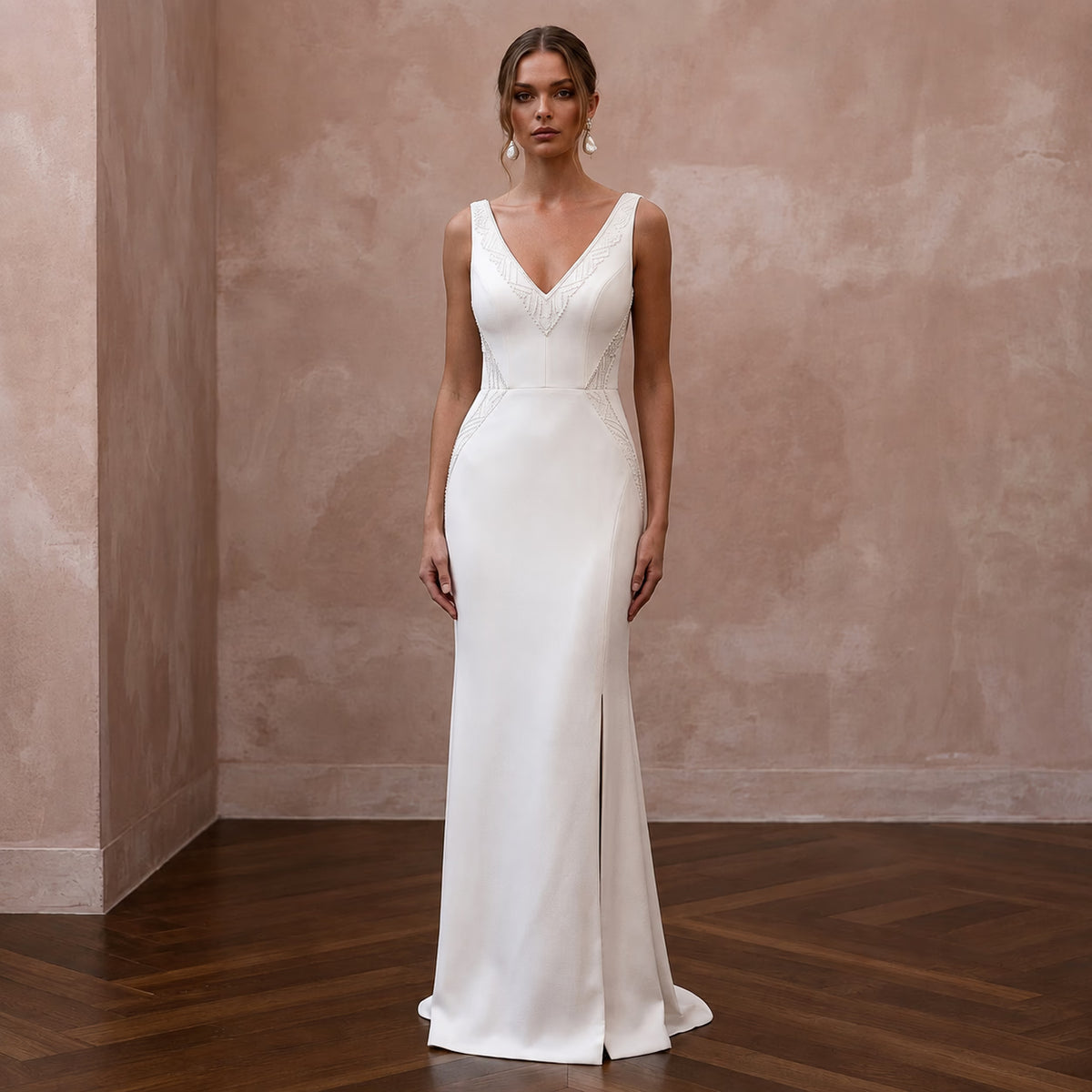 White V-neck crepe sheath wedding dress with sleeveless bodice and floor-length skirt Main image