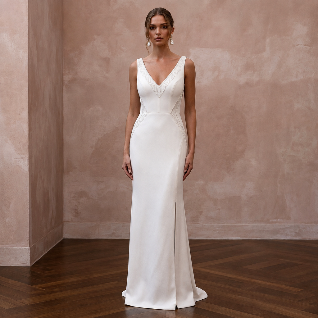 White V-neck crepe sheath wedding dress with sleeveless bodice and floor-length skirt