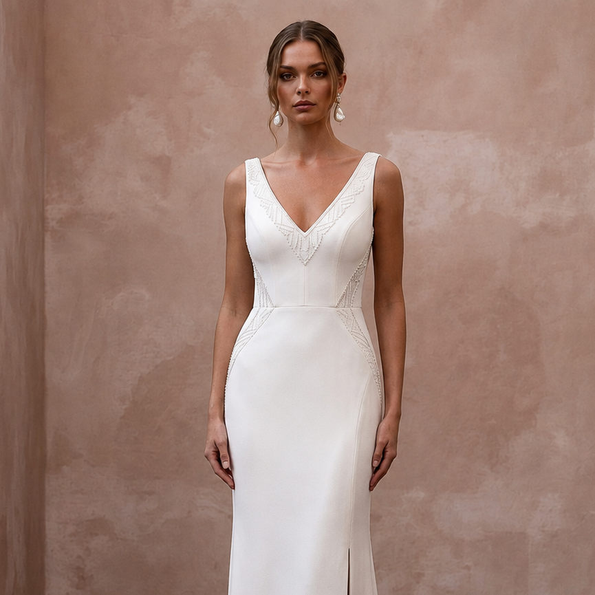 White crepe wedding dress with sleeveless V-neck bodice and embroidered lace details