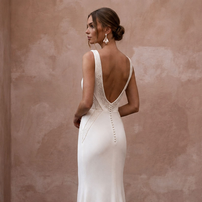 White sheath wedding dress with V-neck front and low open back with beaded lace
