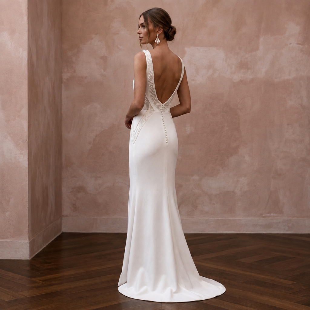 White crepe wedding dress with V-neck, sheath silhouette, lace-trim open back