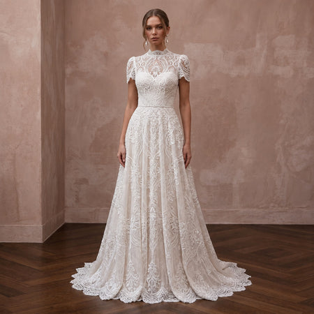 Second Wedding Lace A - Line Wedding Dress with Short Sleeves - Apparel & Accessories > Clothing > Wedding & Bridal Party Dresses > Wedding Dresses - Mignonette Bridal