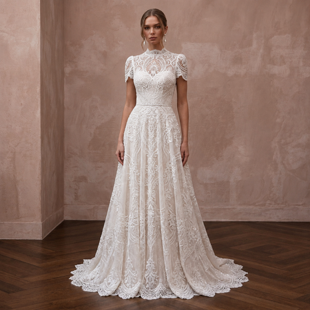 Second Wedding Lace A-Line Wedding Dress with Short Sleeves