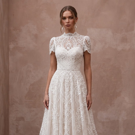 Second Wedding Lace A - Line Wedding Dress with Short Sleeves - Apparel & Accessories > Clothing > Wedding & Bridal Party Dresses > Wedding Dresses - Mignonette Bridal